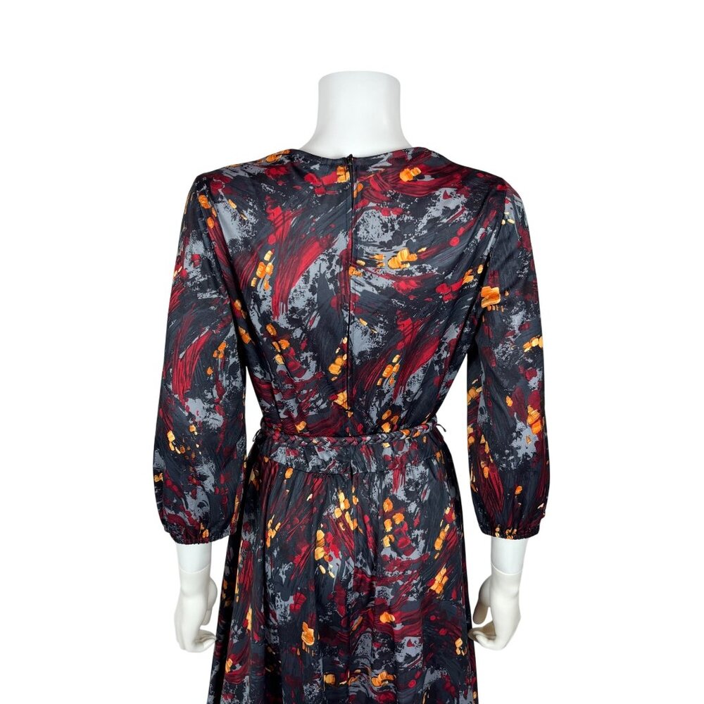Vintage 70s Artsy Dress Womens Large Red Gray Abstract Print Braided Belt Fit An - Picture 10 of 11